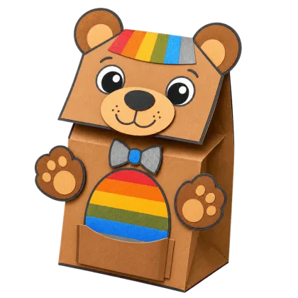 A finished Hipi rainbow-bear paper-bag puppet.