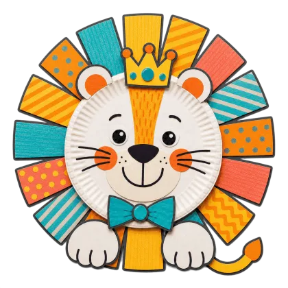 A colorful lion craft made from a paper plate.