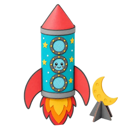 A colorful rocket craft made from a cardboard tube.