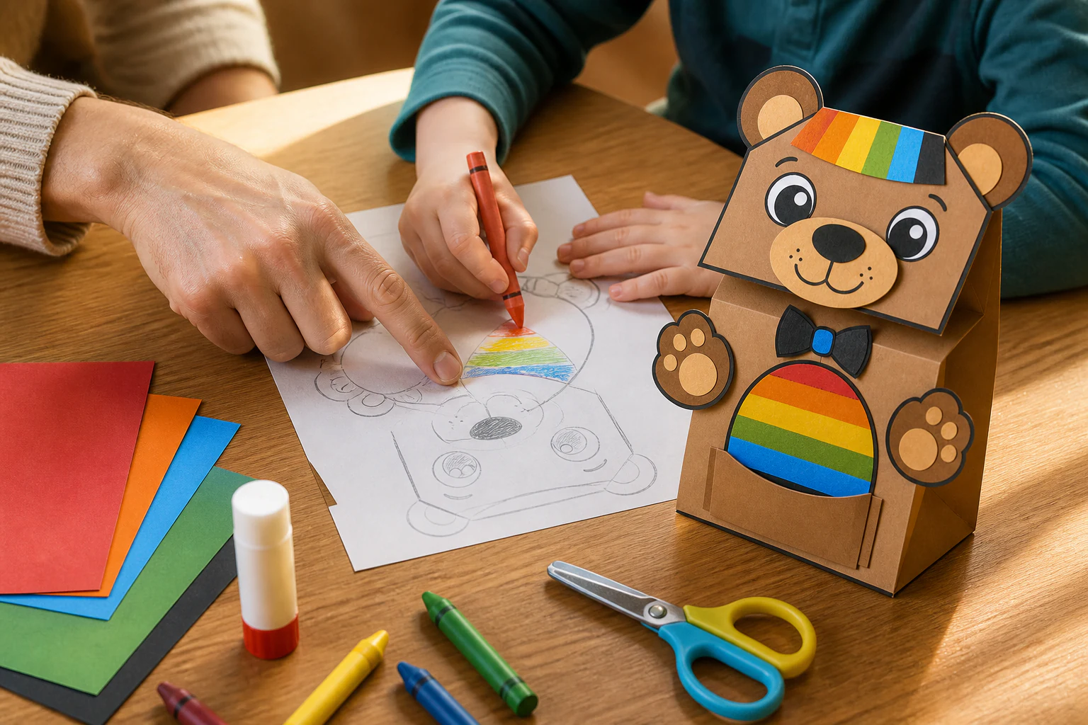 A parent and child collaborating on a colorful bear drawing beside their finished paper-bag puppet.