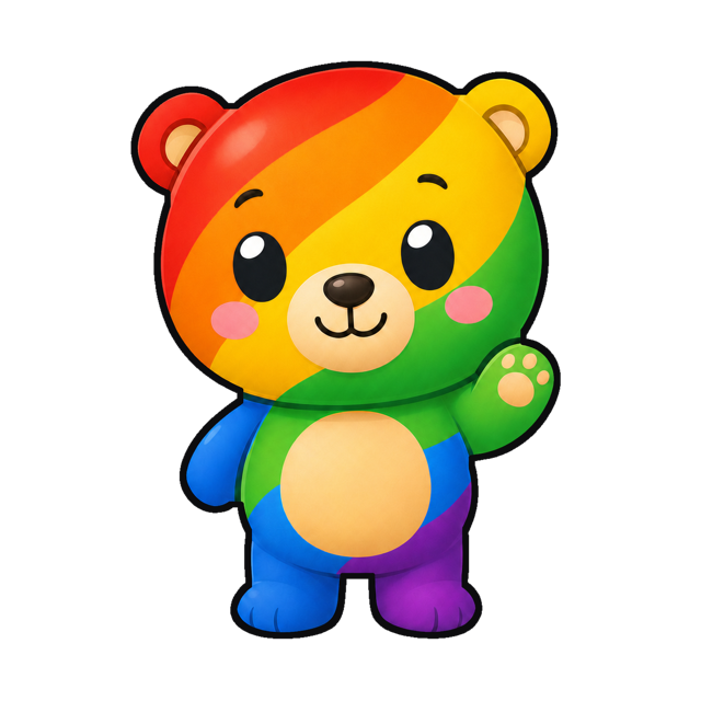 Hipi, a smiling rainbow bear, waving hello