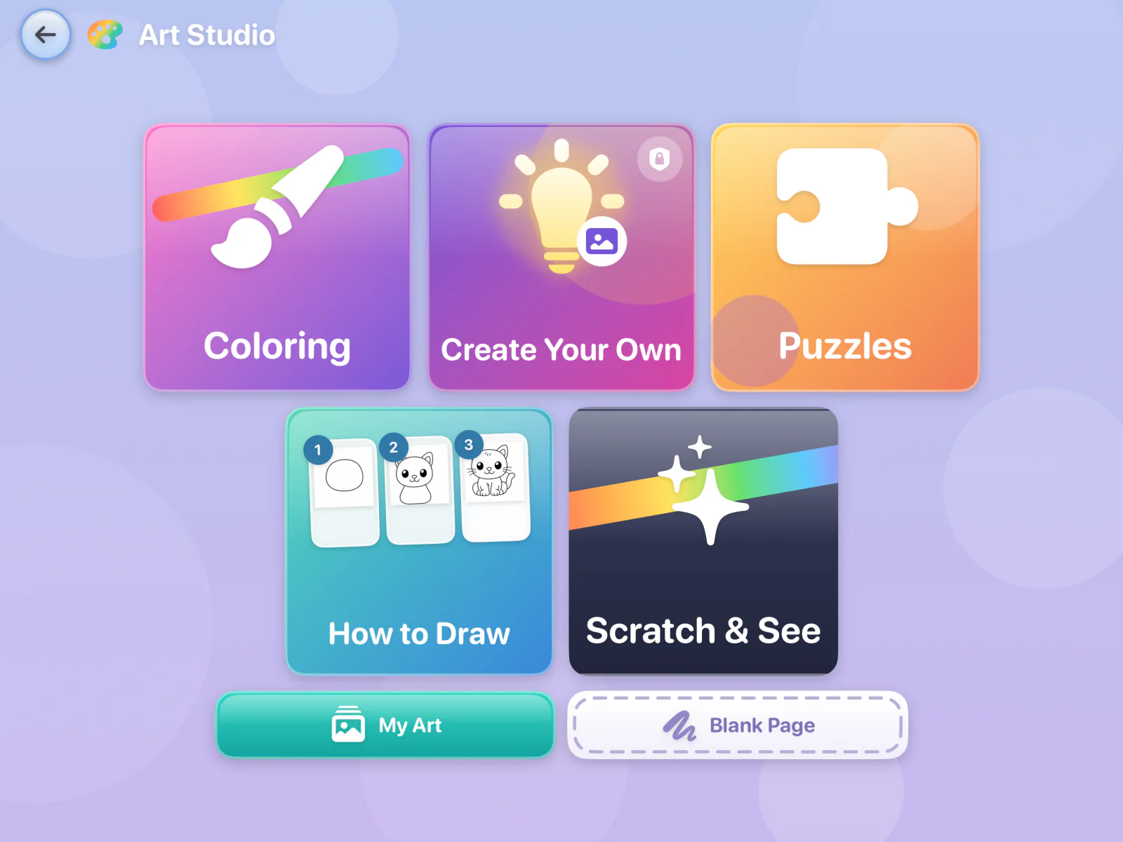The real HipiZipi Art Studio screen with Coloring, Create Your Own, Puzzles, How to Draw, Scratch and See, My Art, and Blank Page.