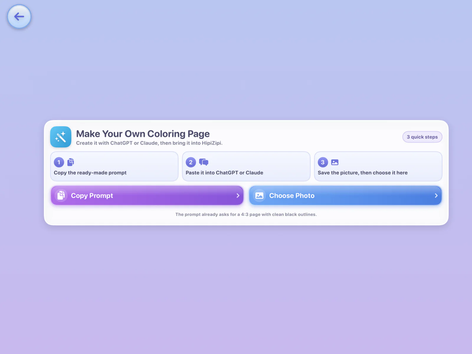 HipiZipi’s Create Your Own screen showing the three parent-guided steps.