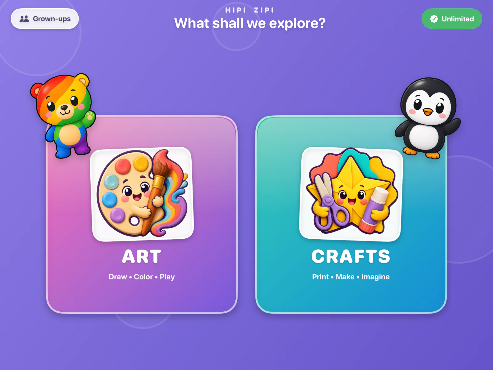The real HipiZipi home screen, with Art and Crafts areas.