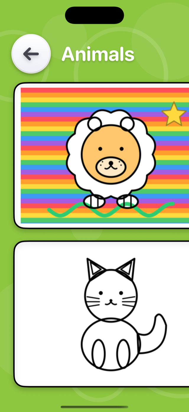 Animals gallery showing a colored lion and a cat outline ready to color