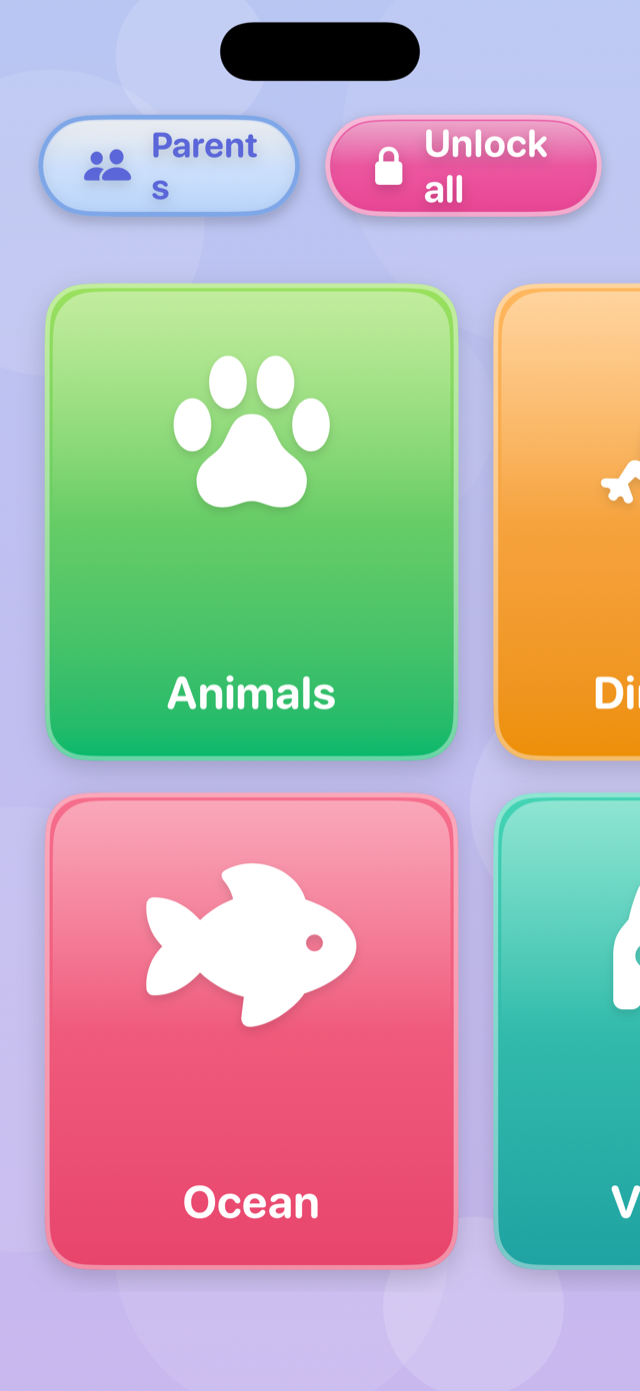 HipiZipi home screen with colorful category cards for Animals, Dinosaurs, Ocean and more