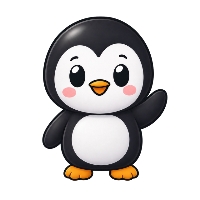 Zipi, a smiling rainbow penguin, waving hello